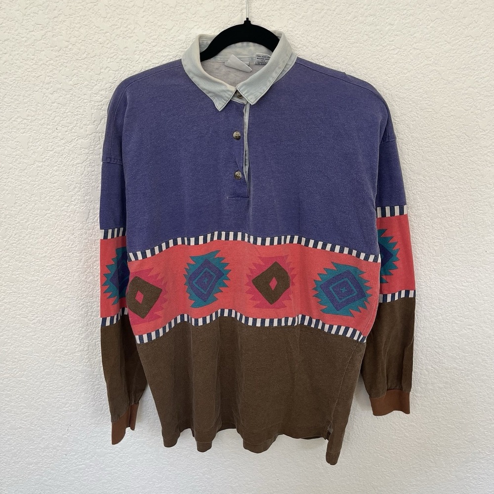 VTG Womens Nuovo Long Sleeve Color-block Polo Shirt Southwestern Aztec Print 90s